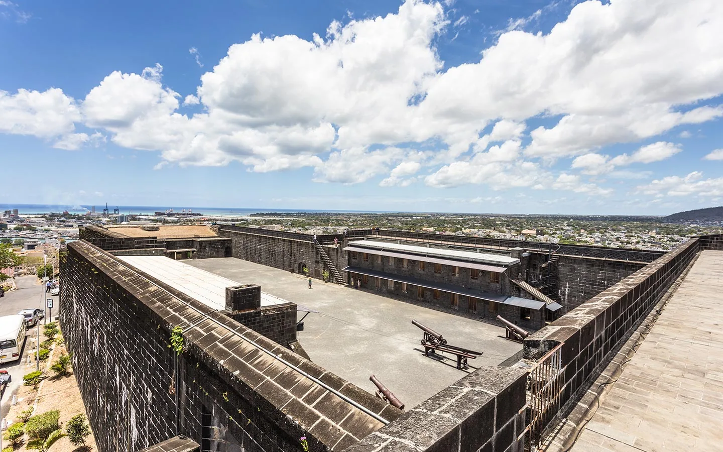 Fort Adelaide courtyard with panoramic views over Port Louis and the harbour