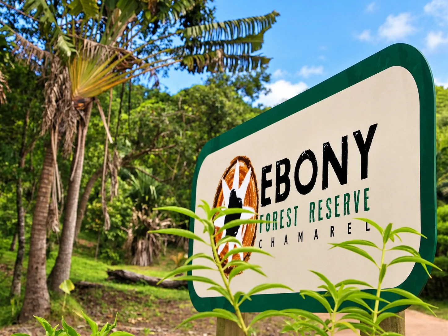 Ebony Forest Reserve entrance sign surrounded by tropical vegetation in Chamarel, Mauritius.